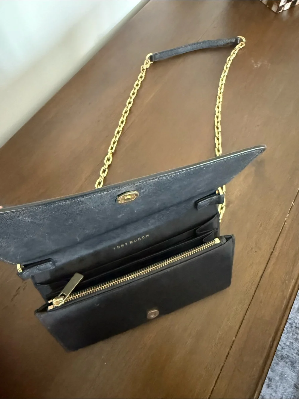 Tory Burch Black Leather Crossbody with Gold Chain